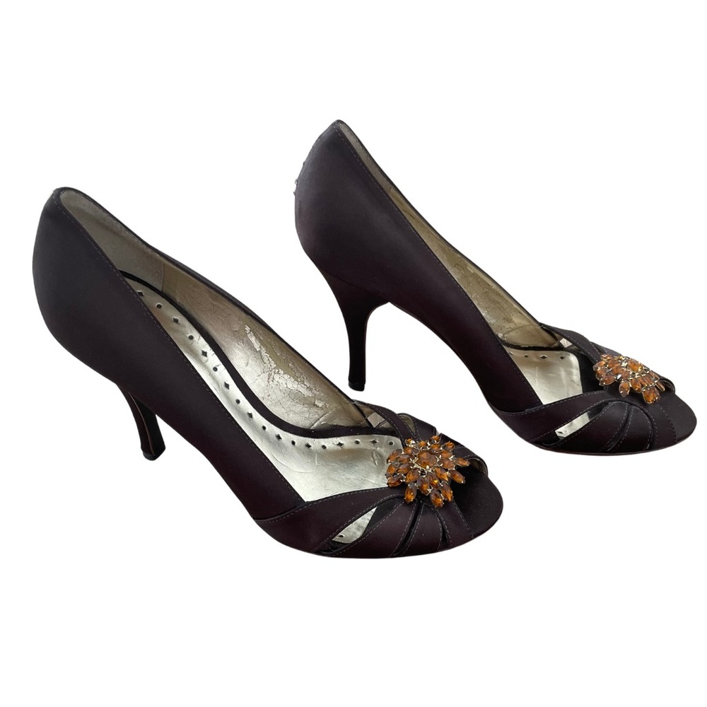 BCBG Womens 7 Heels Brown Satin Peep Toe Formal Dressy Crystal Amber Gold
